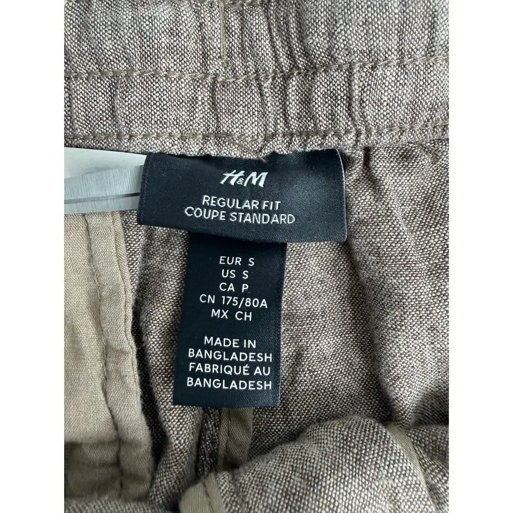 H&M Linen Blend Straight Leg Drawstring Pants Women's Sz S Brown Chambray